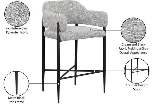 Meridian Furniture Dame Woven Polyester Upholstered Counter Stool with Sturdy Matte Black Iron Frame for Kitchen Grey 975Grey-C