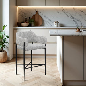 Meridian Furniture Dame Woven Polyester Upholstered Counter Stool with Sturdy Matte Black Iron Frame for Kitchen Grey 975Grey-C