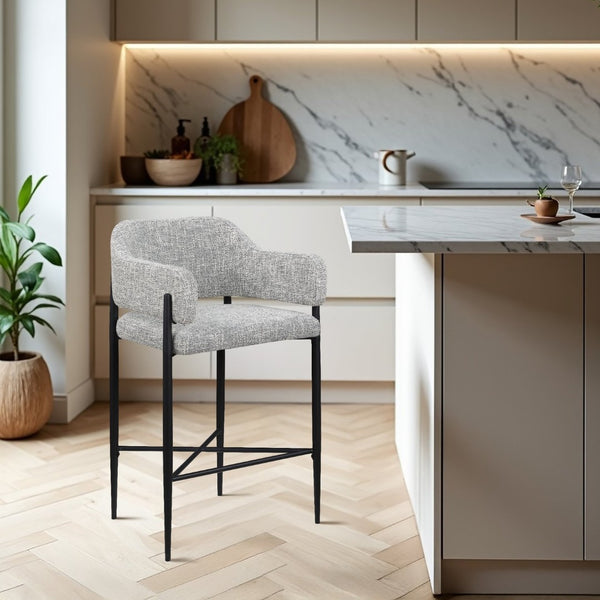 Meridian Furniture Dame Woven Polyester Upholstered Counter Stool with Sturdy Matte Black Iron Frame for Kitchen Grey 975Grey-C