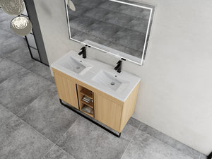 English Elm 48" Freestanding Bathroom Vanity With Resin Double Sink, Soft-Close Doors & Open Storage For Modern Style W999S00479