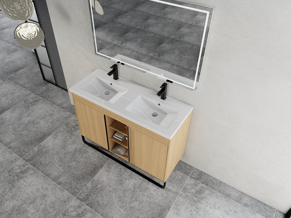English Elm 48" Freestanding Bathroom Vanity With Resin Double Sink, Soft-Close Doors & Open Storage For Modern Style W999S00479