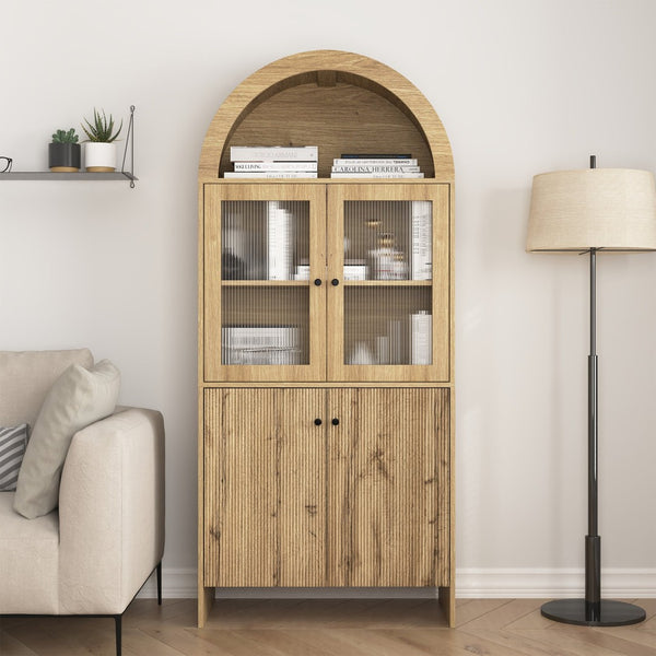 English Elm Natural Wood Grain Mdf Dome Cabinet with Led Lighting for Snack and Beverage Storage W3226P279091