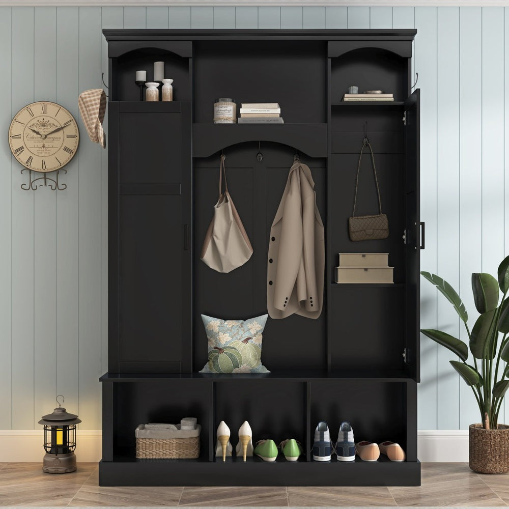 English Elm On-trend Farmhouse Hall Tree with Dual Cabinets Seven Hooks and Arched Entryway Storage Black N721S000078B
