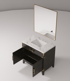 English Elm Black Oak Single Bath Vanity With Carrara Marble Top And 34-Inch Mirror – Elegant Storage Solution! B2731S02125