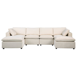 English Elm 123.6" Modular Sectional Sofa - U-Shaped Convertible Couch With Reversible Chaise & Ottomans, Beige W1123S00044