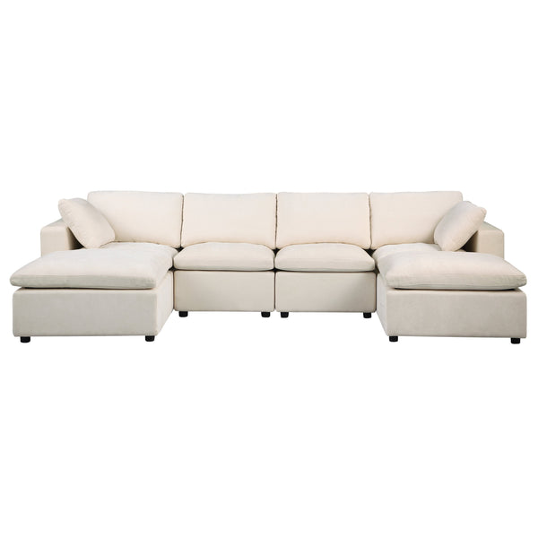 English Elm 123.6" Modular Sectional Sofa - U-Shaped Convertible Couch With Reversible Chaise & Ottomans, Beige W1123S00044