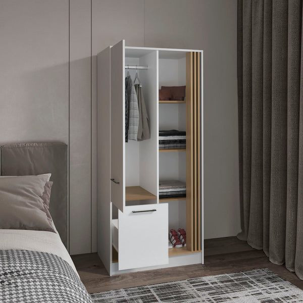 English Elm Armoire with Built-In Mirror and Ample Storage — 4 Doors, 2 Drawers, 4 Shelves, Eco-Friendly Finish White 75.59 L x 25.59 W x 3.94 H B097S00208