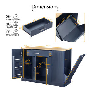 English Elm 53'' Kitchen Storage Islands with Drawers and Trash Can Storage, Modern Farmhouse Design, 53.2"W x 20.9"D x 38.0"H Navy Blue W1820P281266