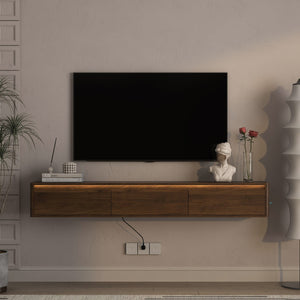 English Elm Floating TV Stand with Touch LED Strip, Built-In Power Hub & Ample Storage for Modern Living Rooms Wood 74.61 L x 17.52 W x 6.1 H W1321P389548