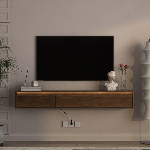 English Elm Floating TV Stand with Touch LED Strip, Built-In Power Hub & Ample Storage for Modern Living Rooms Wood 74.61 L x 17.52 W x 6.1 H W1321P389548