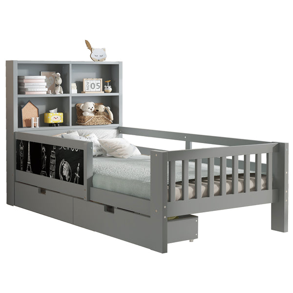 English Elm Twin Chalkboard Platform Bed with Drawers & Shelves, Solid Wood Kids Bed with Storage and Creative Headboard Grey W1580P362706