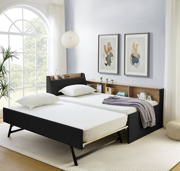 English Elm Twin Size Velvet Daybed With Adjustable Height Headboard, Storage, Trundle & Led Lights - Black W1413S00112-GIGA