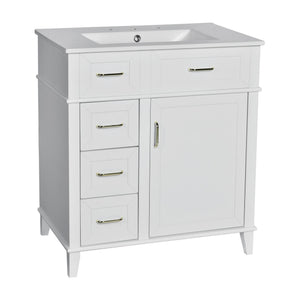 English Elm 30-Inch Bathroom Vanity with Ceramic Sink, Gold Handles, Solid Wood Frame and Soft-Close Drawers White N729P195052K