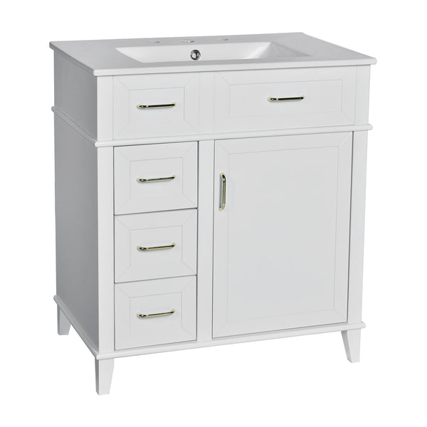 English Elm 30-Inch Bathroom Vanity with Ceramic Sink, Gold Handles, Solid Wood Frame and Soft-Close Drawers White N729P195052K
