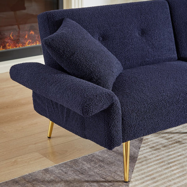 English Elm Modern Teddy Upholstered Loveseat Sofa Bed with Side Pocket, Adjustable Back & Gold Legs, Dark Blue W1117P303450