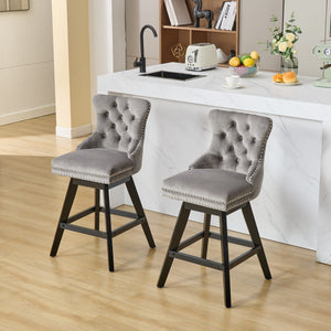 English Elm Swivel Velvet Barstool with Tufted Back, 360° Swivel, Plush Foam & Steel Spring Seat, Sturdy Wood Frame (Set of 2) Gray W1143P241330