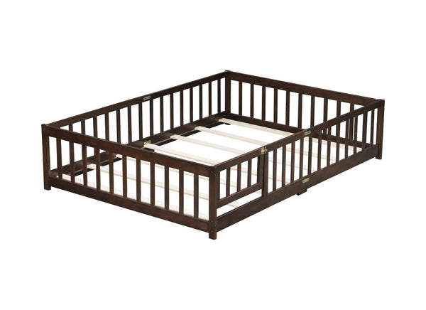English Elm Full Size Rubberwood Floor Bed with Safety Guardrails and Latching Door for Toddlers Espresso W504P429302