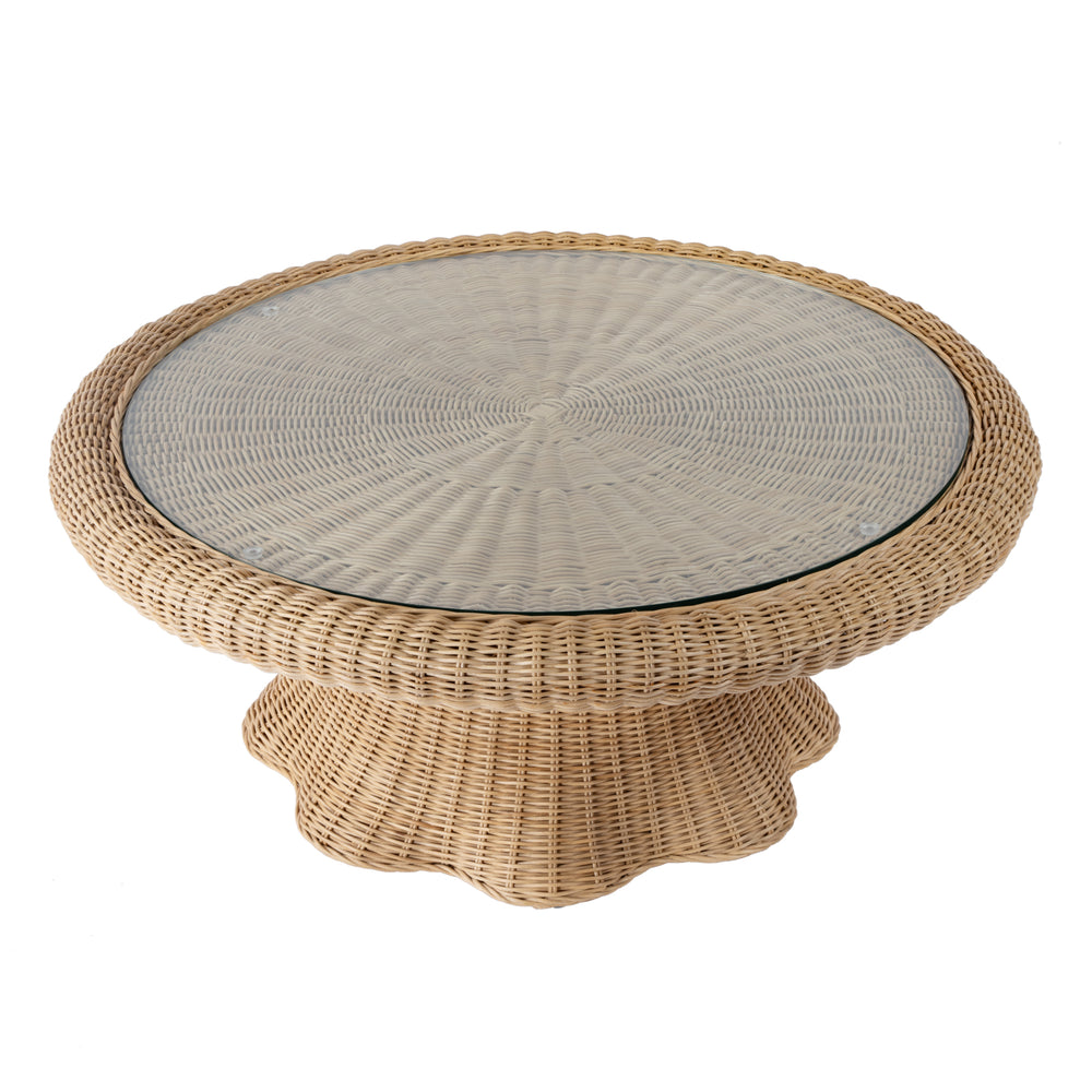Flora Round Glass Top & Rattan Scalloped Coffee Table 9760404 Light Brown Butler Specialty