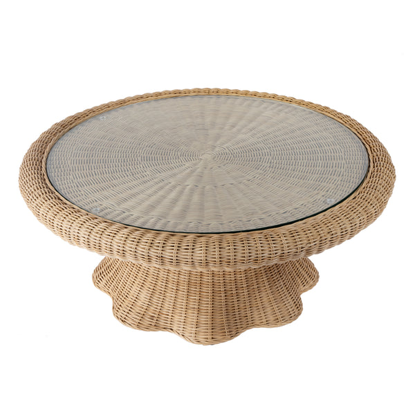Flora Round Glass Top & Rattan Scalloped Coffee Table 9760404 Light Brown Butler Specialty