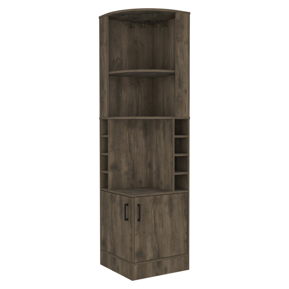 English Elm Seattle Corner Bar Cabinet with 8 Bottle Cubbies, Glass Racks & 2 Open Display Shelves — Modern Elegance B128P176131