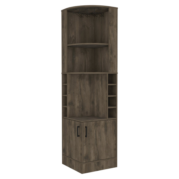 English Elm Seattle Corner Bar Cabinet with 8 Bottle Cubbies, Glass Racks & 2 Open Display Shelves — Modern Elegance B128P176131