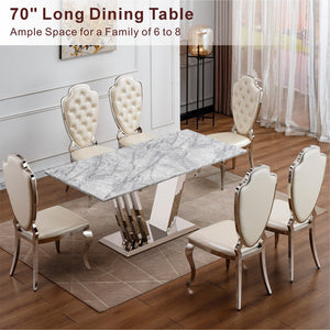 English Elm Marble Dining Table For 6 - 74.8'' Rectangular Faux Marble Top With Stylish Mirrored Base, Modern Elegance W3456S00047