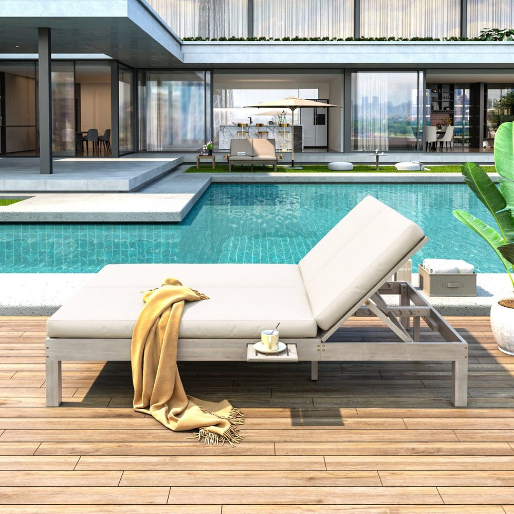 English Elm Trexm Acacia Wood Double Chaise Lounge Outdoor with Folding Trays and Foam Cushions TM000015AAE