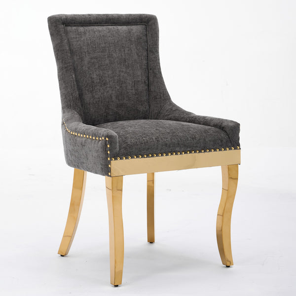 English Elm Chenille Plush Dining Chair with Curved Gold-Plated Legs, Rivet Trim, Textured Upholstery Comfort Gray W1143P332686