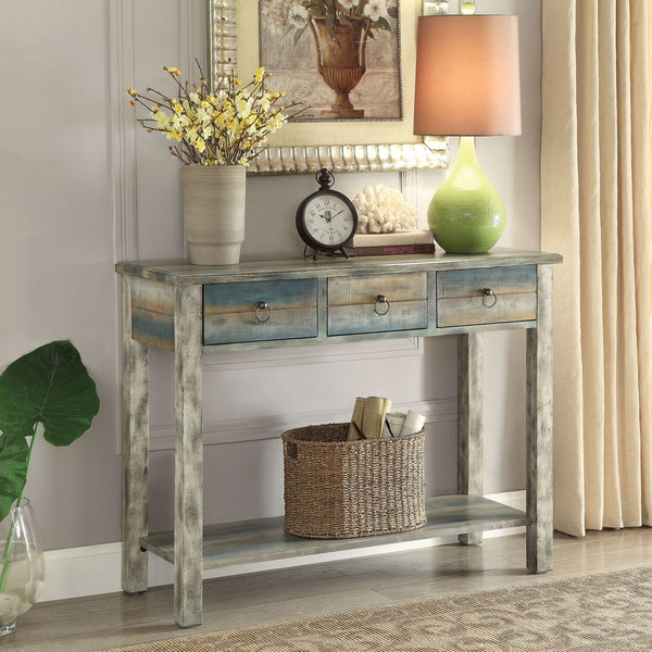 English Elm Antique Vintage-Inspired Teal Console Table with Two Drawers and Spacious Cabinet, Durable Wood Legs Antique Gray B062P189095