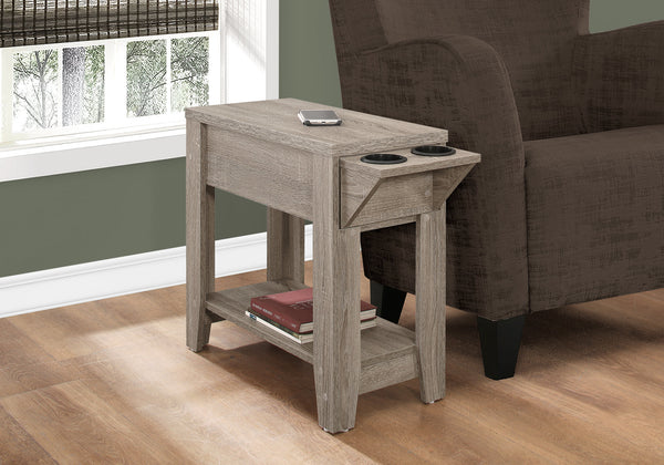 English Elm Accent Table Compact Side End with Drop-Down Cup Holder, Hidden Drawer & Shelf in Brown Laminate Finish taupe 28 L x 16 W x 8 H B2710P219220