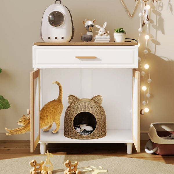English Elm 2-piece Hidden Litter Box Cabinet with Scratching Doors Charging Station and Drawer N843S002406N