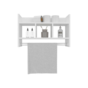 English Elm Bathroom Wall Shelf with Towel Bar — Space-Saving White Engineered Wood Organizer with Wide Top Shelf and 3 Middle Shelves for Towels and Toiletries B200P368102