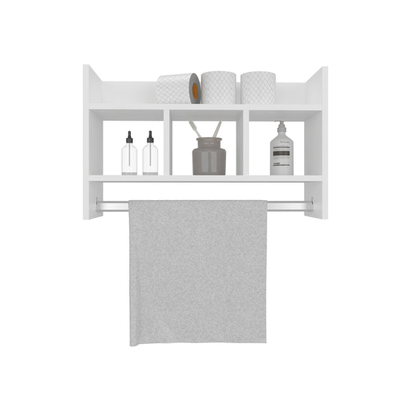English Elm Bathroom Wall Shelf with Towel Bar — Space-Saving White Engineered Wood Organizer with Wide Top Shelf and 3 Middle Shelves for Towels and Toiletries B200P368102