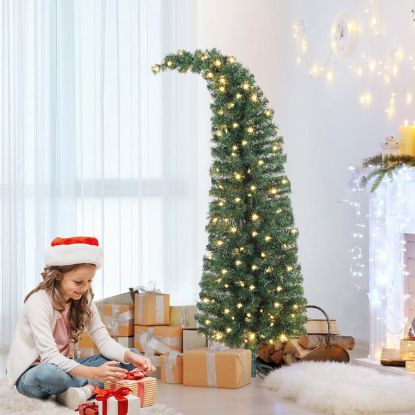 English Elm 5 Ft Slim Whimsical Bent Top Prelit Fir Tree with 100 Warm White Leds Metal Stand T3971P390053