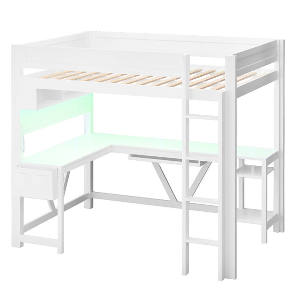 English Elm Wood Full Size Gaming Loft Bed With Desk, Led Lights, Storage Shelves & Charging Station - White N7090004022K-GIGA
