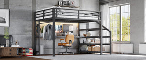 English Elm Twin Xl Metal Loft Bed with Stair Storage Shelves Sturdy Steel Frame for Dorms W1580S00434