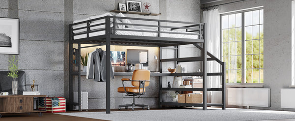 English Elm Twin Xl Metal Loft Bed with Stair Storage Shelves Sturdy Steel Frame for Dorms W1580S00434