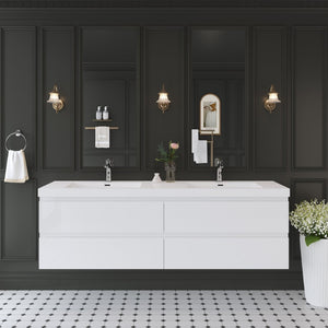 English Elm 72'' Floating Double Vanity Smoked Walnut Fluted Mdf Cabinet with Quartz Basins Glossy White W1920P385513