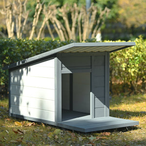 English Elm Outdoor Solid Wood Dog House with Waterproof PVC Roof, Dual Bowls, Lockable 4-Wheel Base, Grey Modern Shelter for Small Pets N843P252402B