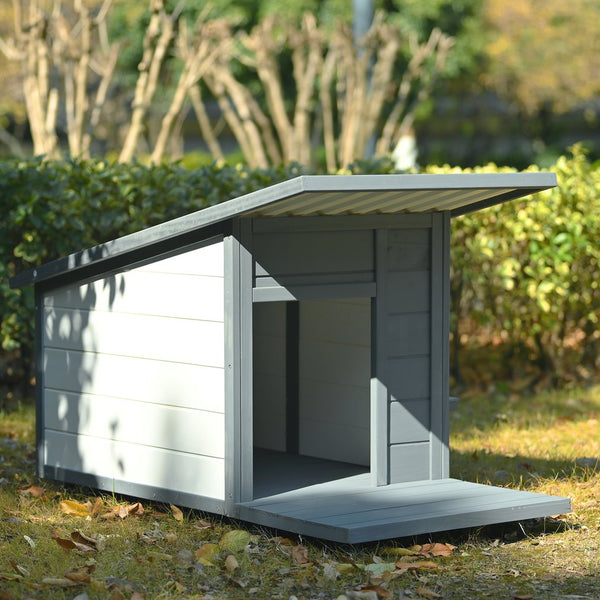 English Elm Outdoor Solid Wood Dog House with Waterproof PVC Roof, Dual Bowls, Lockable 4-Wheel Base, Grey Modern Shelter for Small Pets N843P252402B