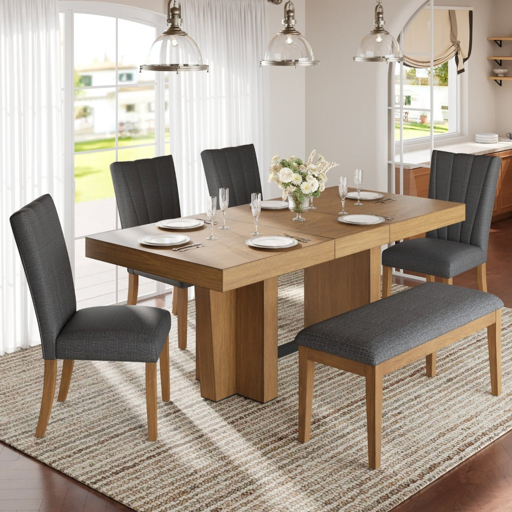 English Elm Topmax Farmhouse Extendable Rubberwood Dining Set Seats Six with Bench and Linen Chairs Brown+Gray N717S000089E