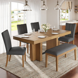English Elm Topmax Farmhouse Extendable Rubberwood Dining Set Seats Six with Bench and Linen Chairs Brown+Gray N717S000089E