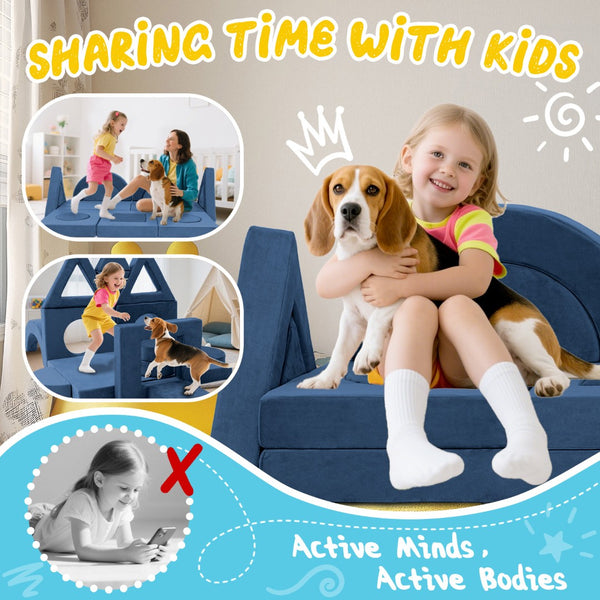 English Elm 16 Piece Modular Foam Play Couch Fort Building Set for Creative Kids Playroom Use Blue T5880P493423