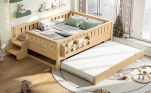 English Elm Twin Kids Platform Bed with Trundle Staircase Bookshelf and Rounded Safety Rails Light Natural W1580S00560