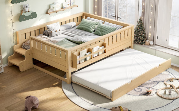 English Elm Twin Kids Platform Bed with Trundle Staircase Bookshelf and Rounded Safety Rails Light Natural W1580S00560