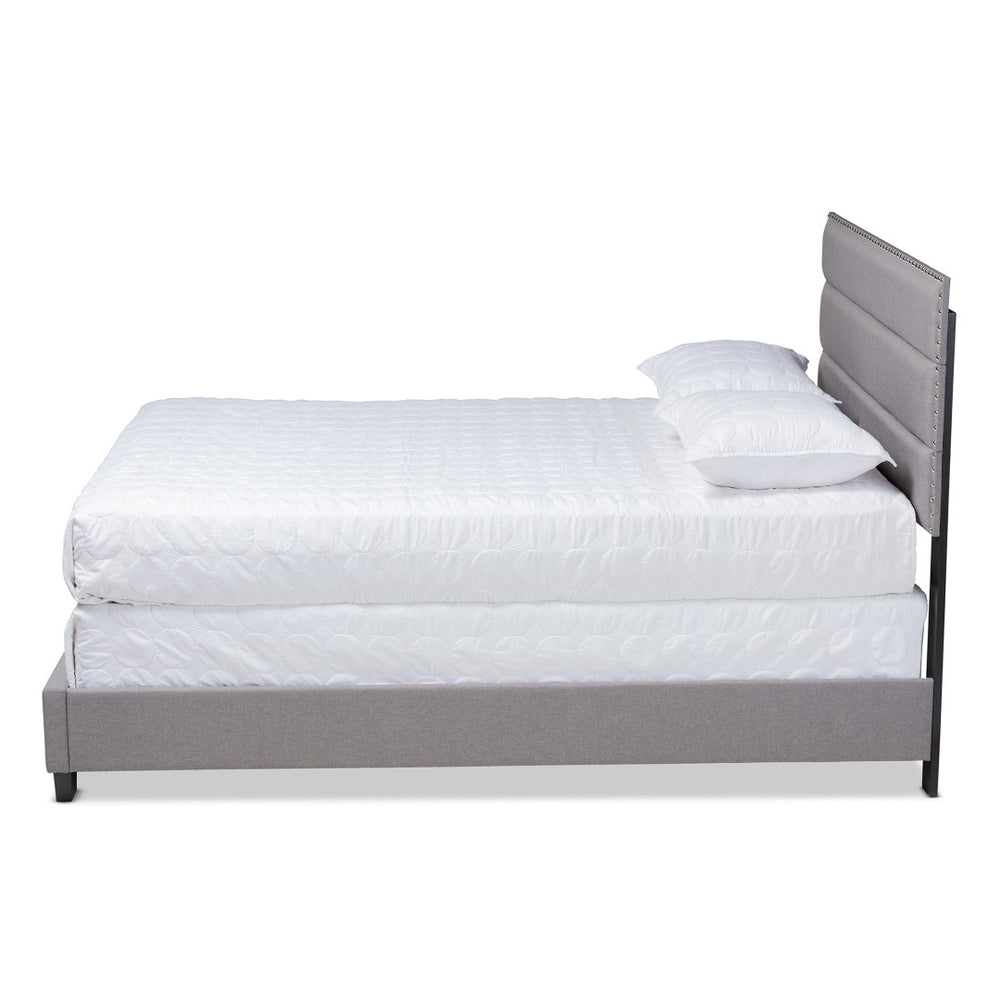 Baxton Studio Baxton Ansa Modern Queen Size Bed with Grey Upholstery, Channel Tufting & Silver Nailhead Trim CF9084C-Grey-Queen