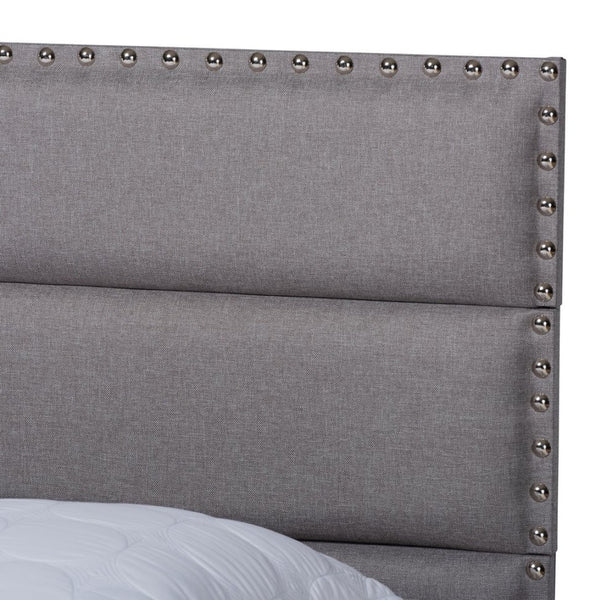 Baxton Studio Baxton Ansa Modern Queen Size Bed with Grey Upholstery, Channel Tufting & Silver Nailhead Trim CF9084C-Grey-Queen