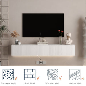 English Elm Floating TV Stand Wall Mounted with 16-Color LED Accent Lights, Modern 69" Floating Cabinet with Ample Storage and Sturdy MDF Build White 74.8 L x 21.46 W x 5.51 H W1321P292557