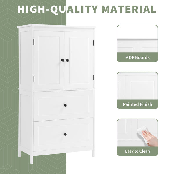 English Elm Bathroom Storage Cabinet with Two Doors and Drawers, Adjustable Shelf, MDF Finish, Slim 28"L x 15"W White N725P188460K