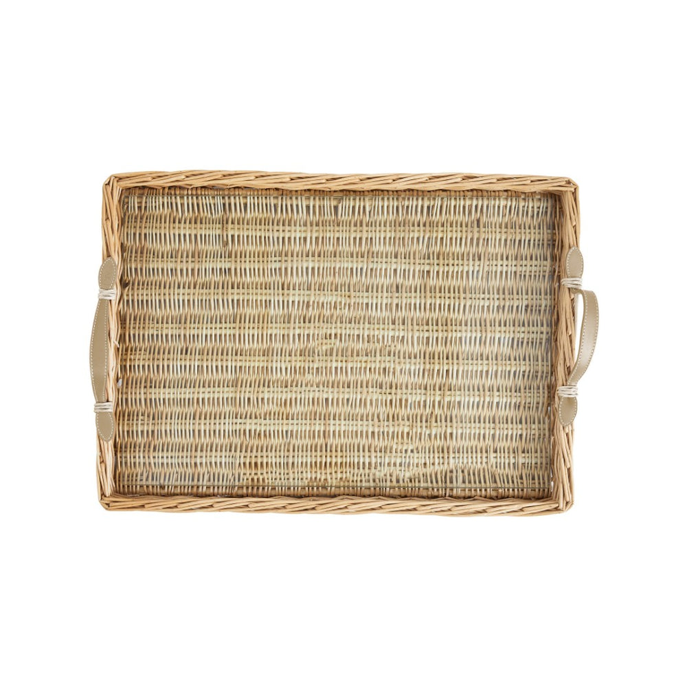 Chelsea House Island Handwoven Tray Large With Tempered Glass & Mocha Leather Handles — Coastal Elegance For Serving, Decor, Organization 97659254